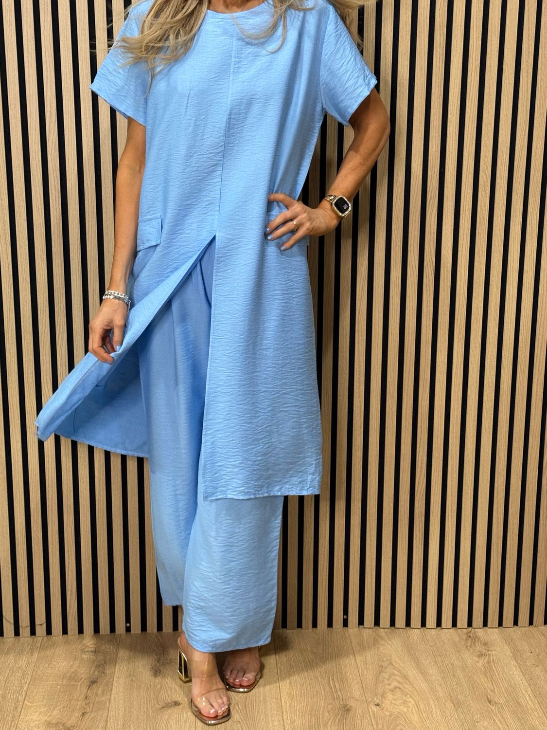 Longline Top &amp; Trouser Suit Set - Sky Blue