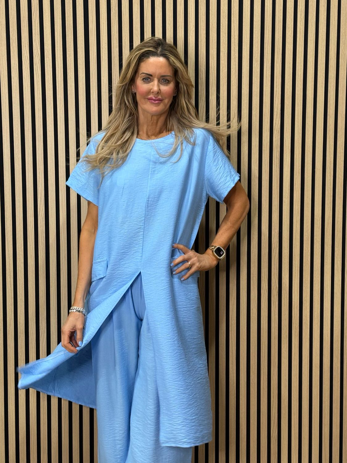 Longline Top &amp; Trouser Suit Set - Sky Blue