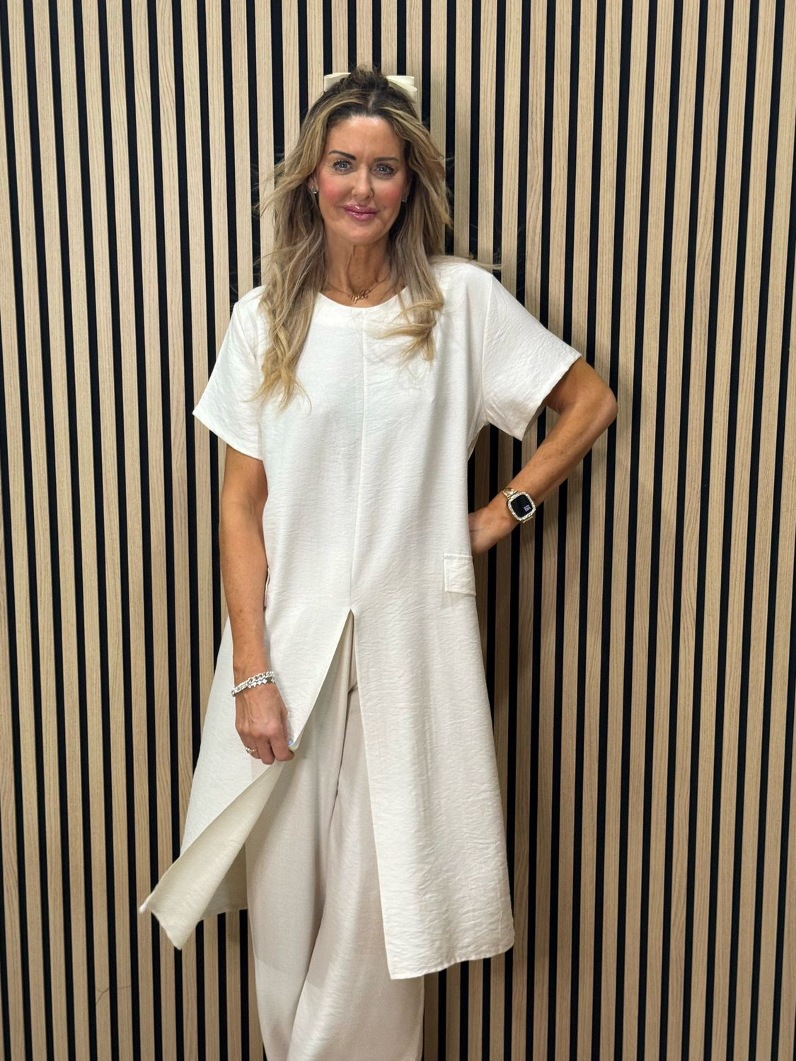 Longline Top &amp; Trouser Suit Set - Stone