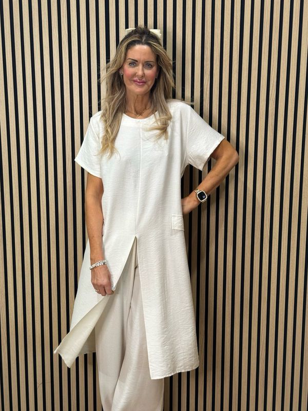 Longline Top &amp; Trouser Suit Set - Stone