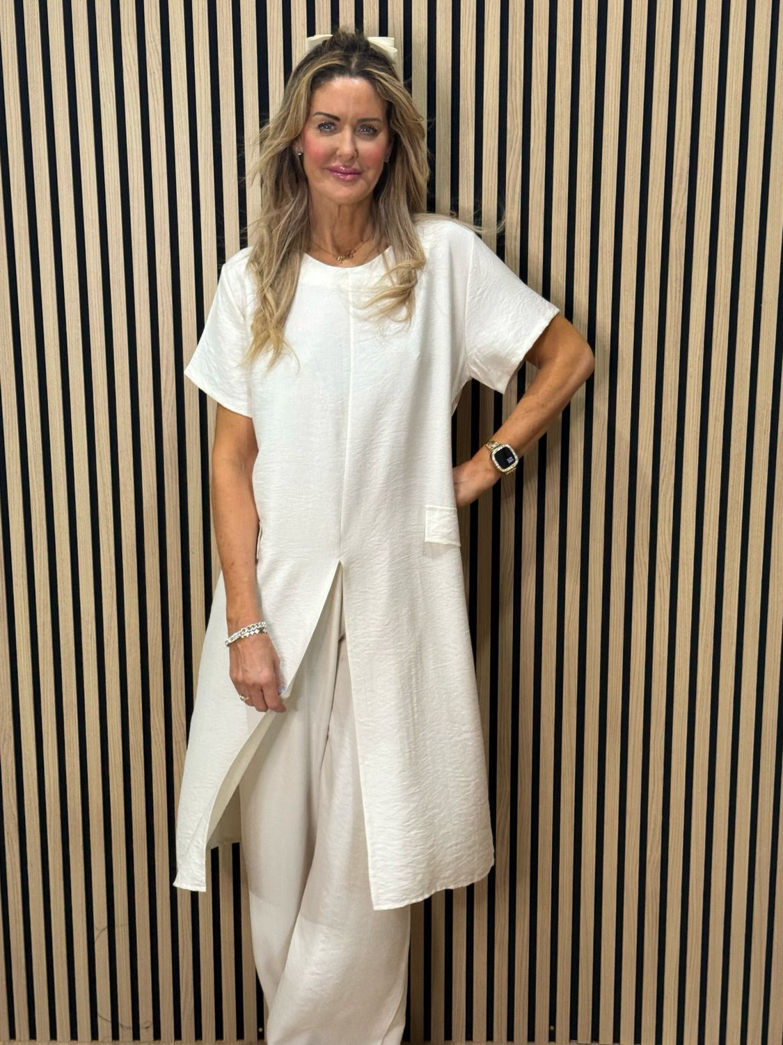 Longline Top &amp; Trouser Suit Set - Stone