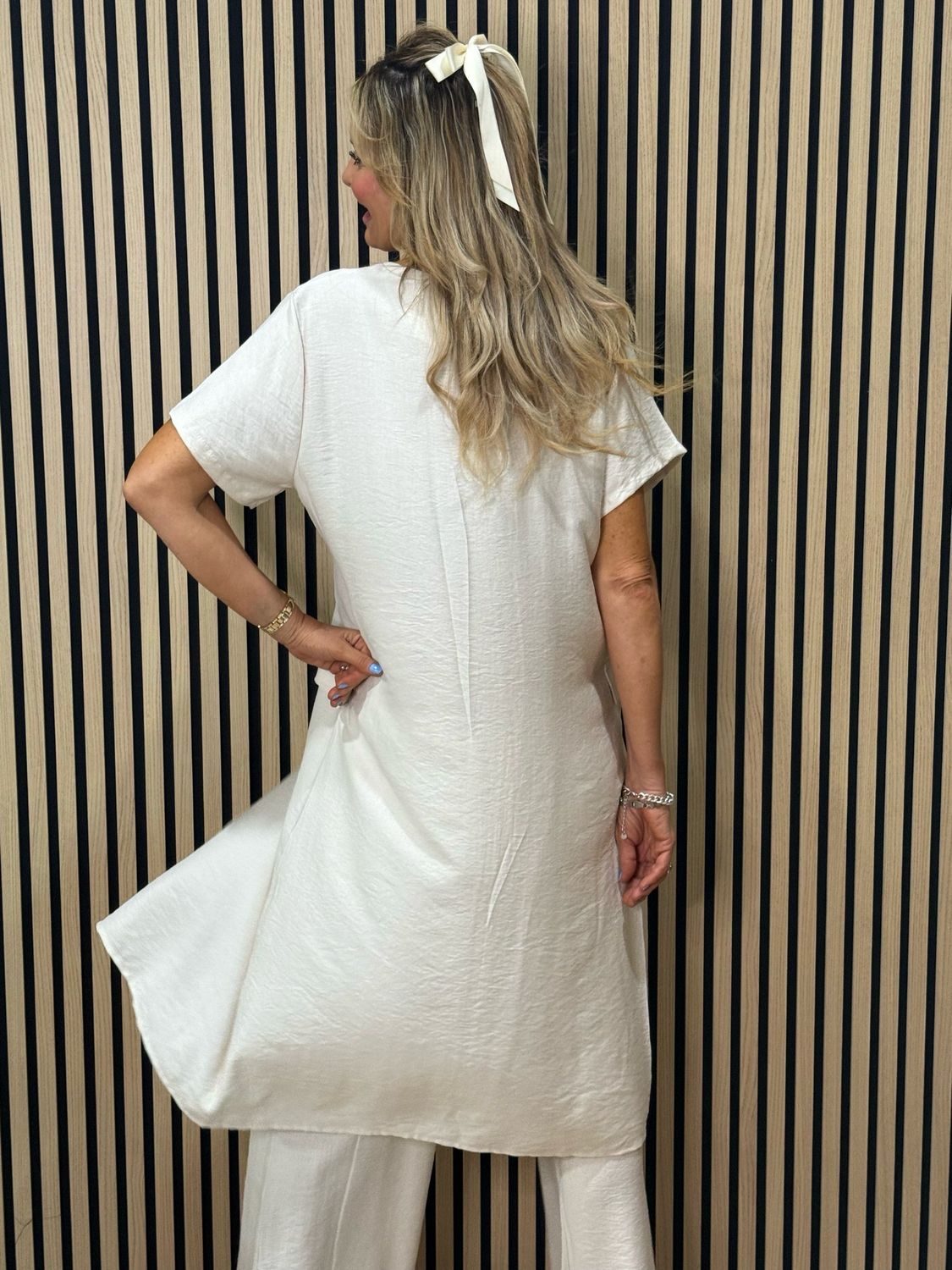 Longline Top &amp; Trouser Suit Set - Stone