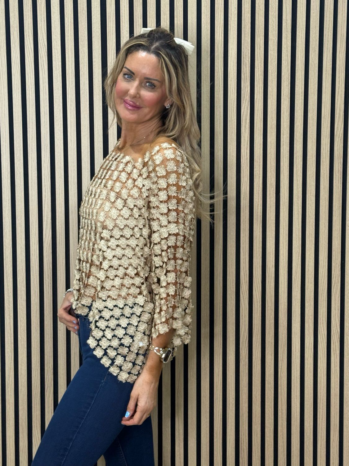 Floral Lace Overlay Top - Gold