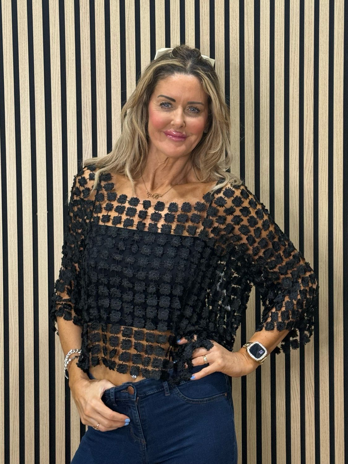 Floral Lace Overlay Top - Black