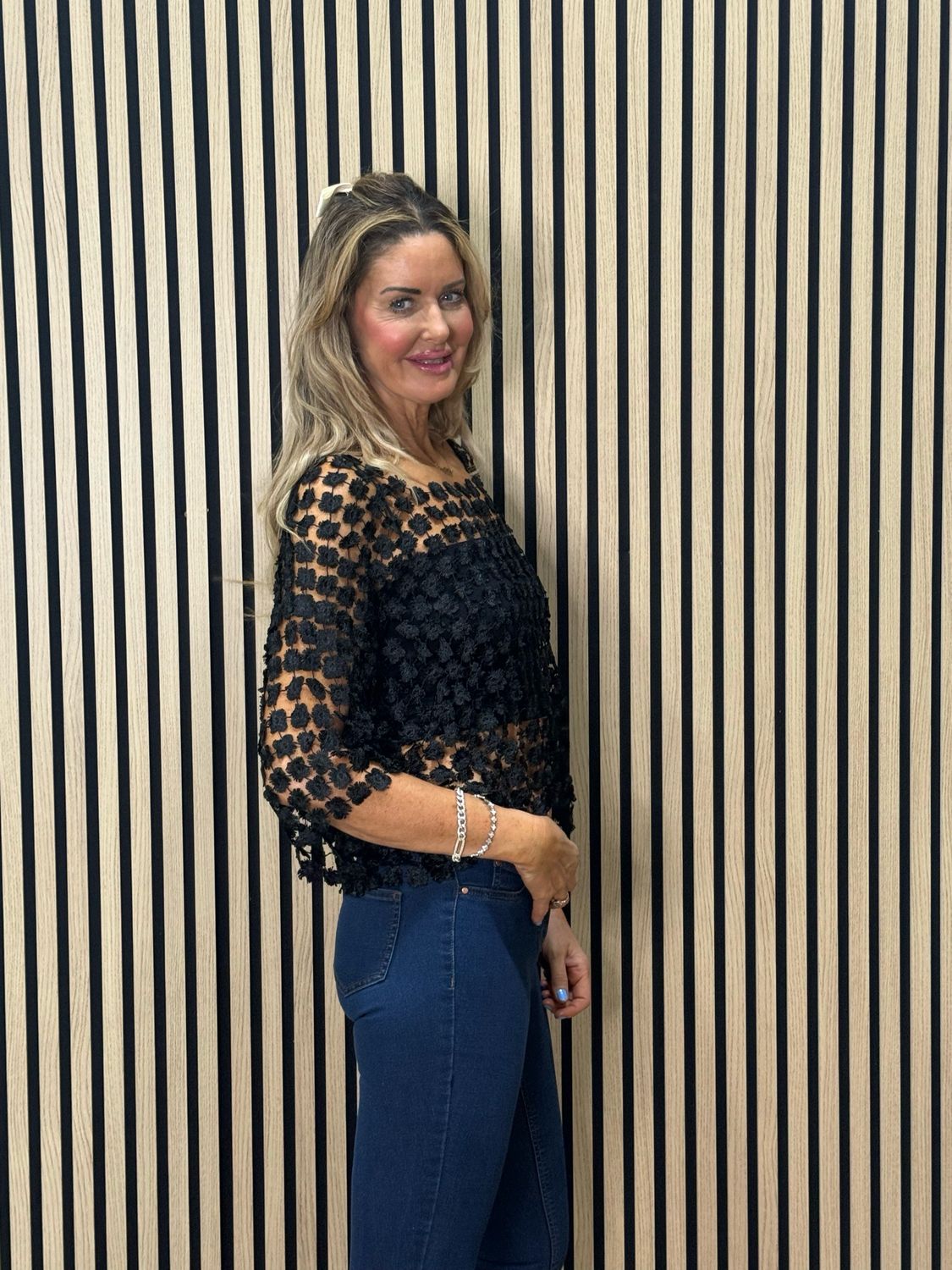 Floral Lace Overlay Top - Black