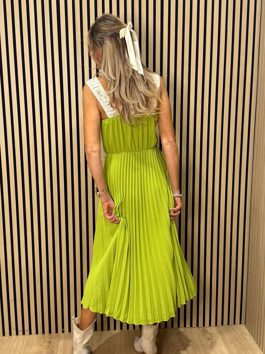 Crochet Bodice Pleated Midi Dress - Lime