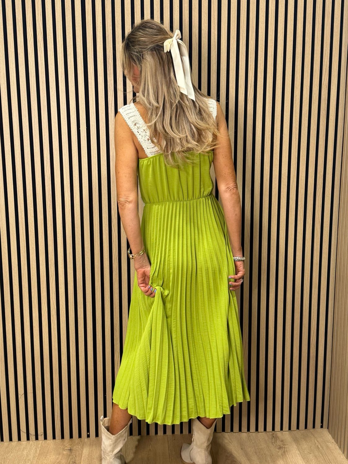 Crochet Bodice Pleated Midi Dress - Lime