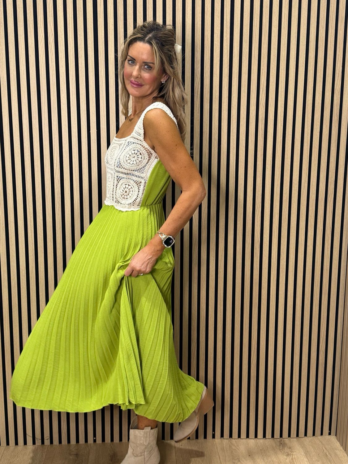 Crochet Bodice Pleated Midi Dress - Lime