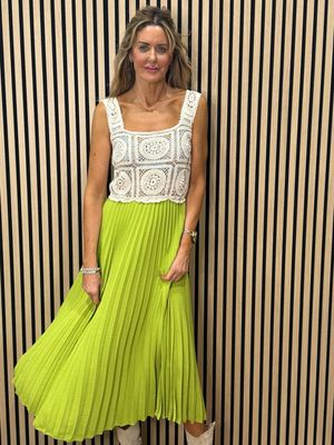 Crochet Bodice Pleated Midi Dress - Lime