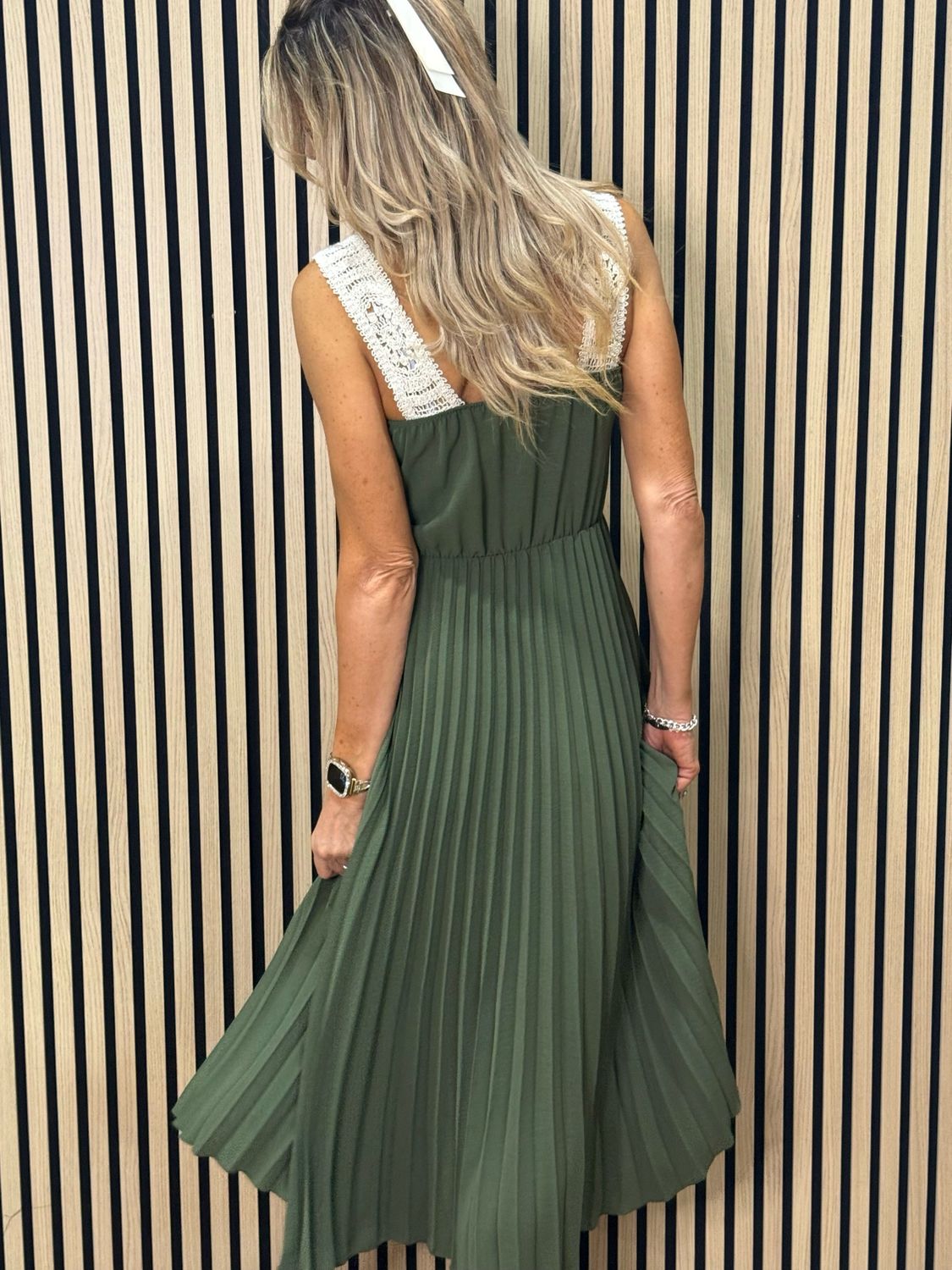 Crochet Bodice Pleated Midi Dress - Khaki