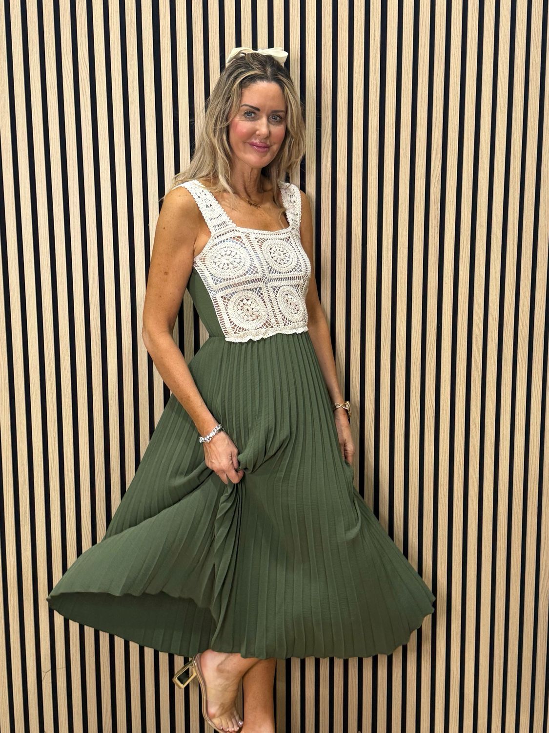 Crochet Bodice Pleated Midi Dress - Khaki