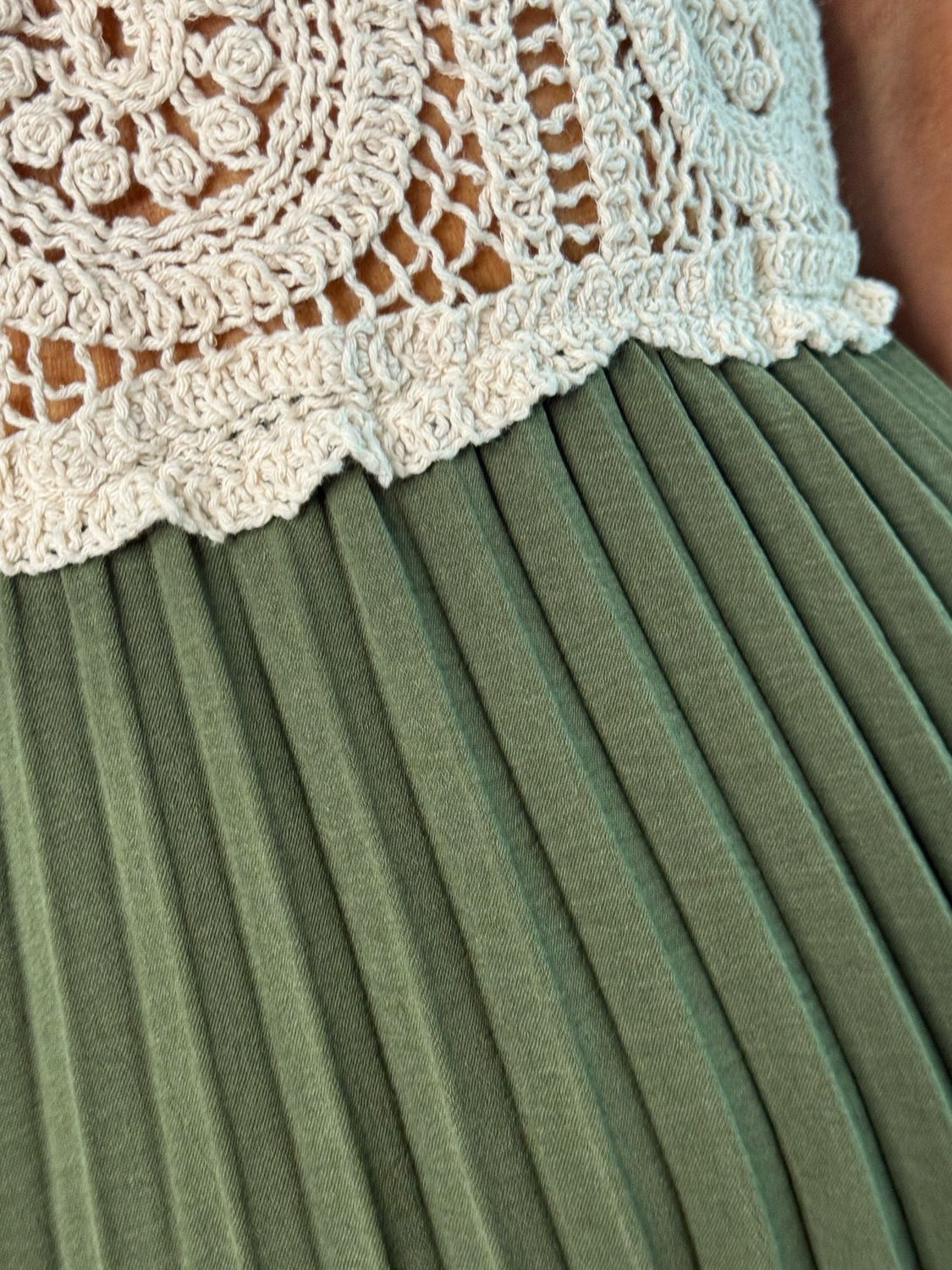 Crochet Bodice Pleated Midi Dress - Khaki