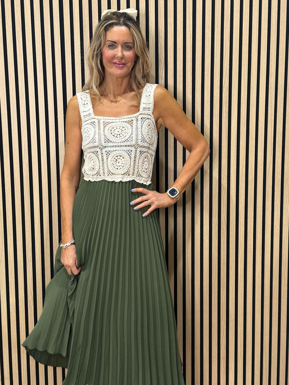 Crochet Bodice Pleated Midi Dress - Khaki