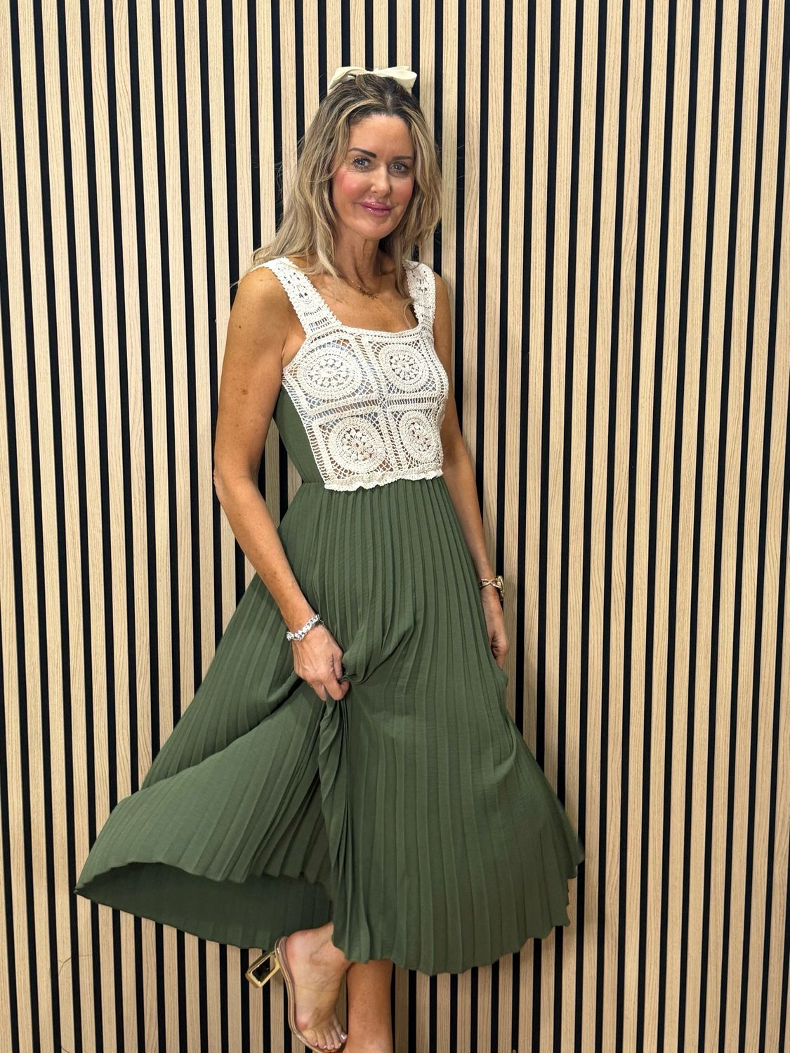 Crochet Bodice Pleated Midi Dress - Khaki