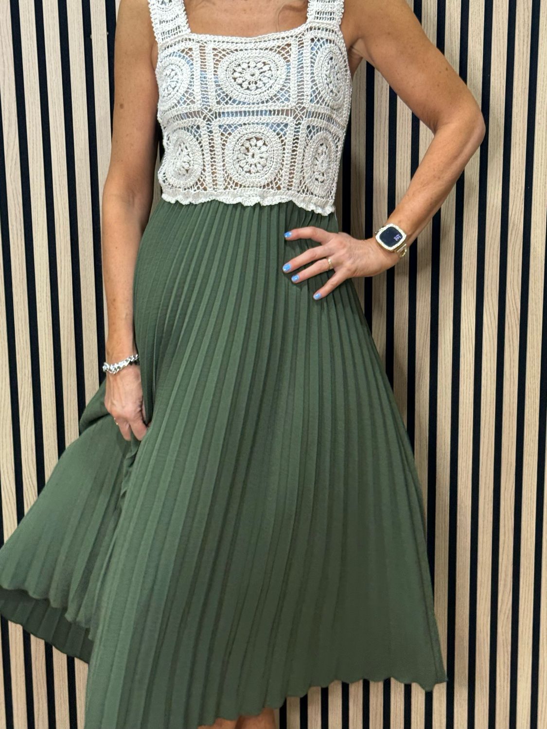 Crochet Bodice Pleated Midi Dress - Khaki