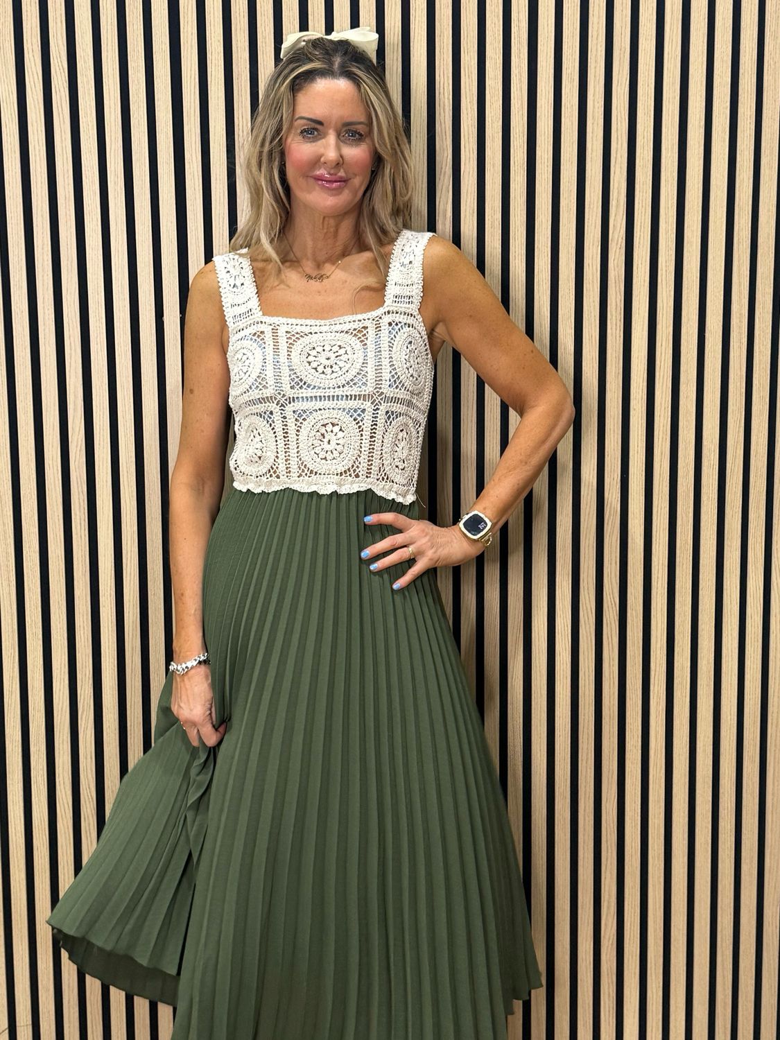 Crochet Bodice Pleated Midi Dress - Khaki