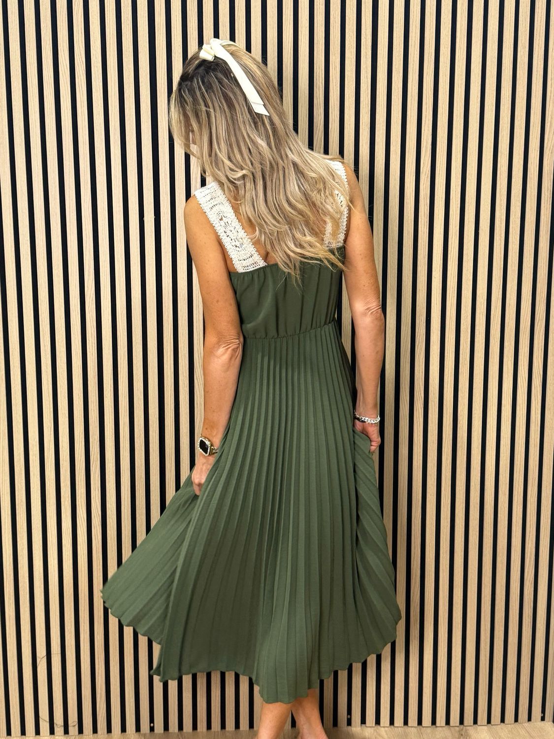 Crochet Bodice Pleated Midi Dress - Khaki