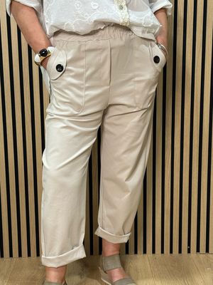 Elastic Waist Pocket Detail Trousers - Cream