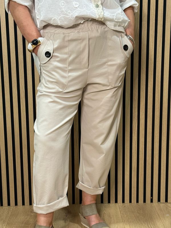 Elastic Waist Pocket Detail Trousers - Cream