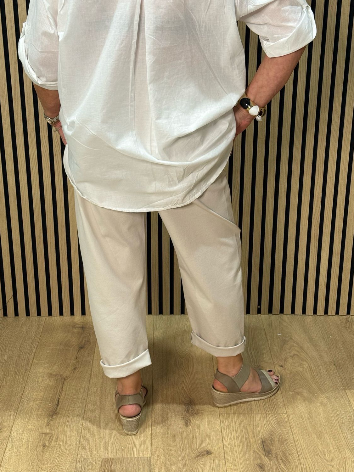 Elastic Waist Pocket Detail Trousers - Cream