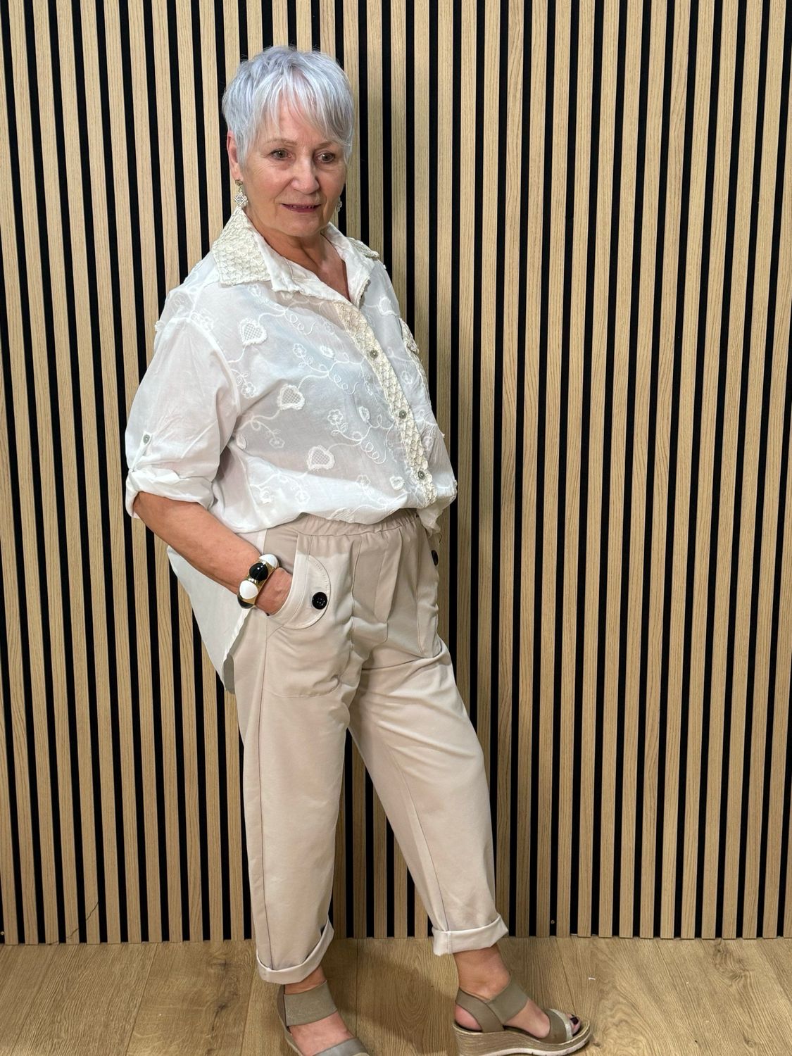 Elastic Waist Pocket Detail Trousers - Cream