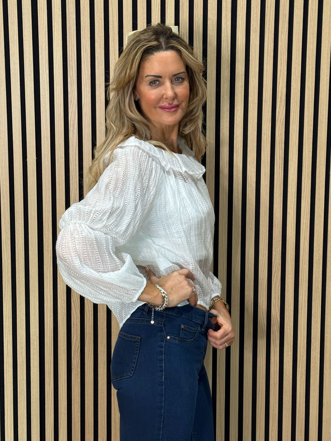 Ruffle Neck Textured Top - White