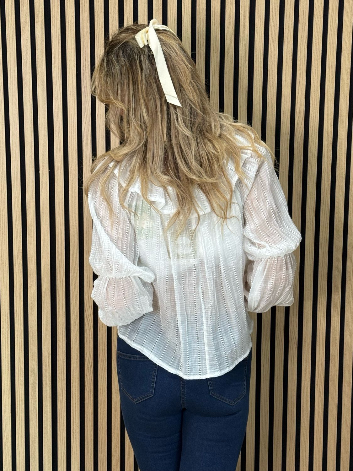 Ruffle Neck Textured Top - White