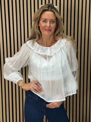 Ruffle Neck Textured Top - White