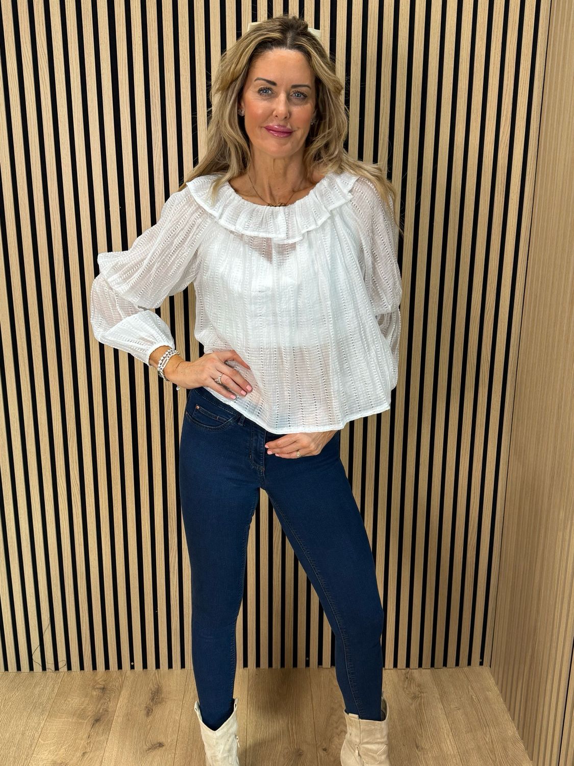 Ruffle Neck Textured Top - White