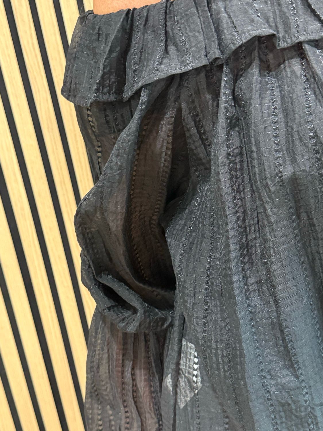 Ruffle Neck Textured Top - Black