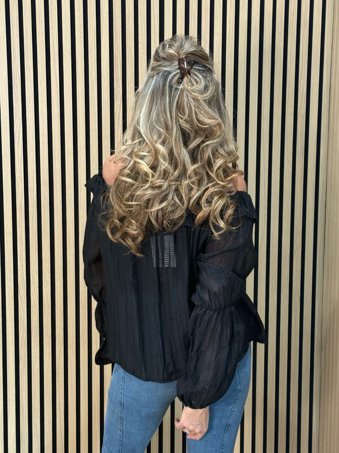 Ruffle Neck Textured Top - Black