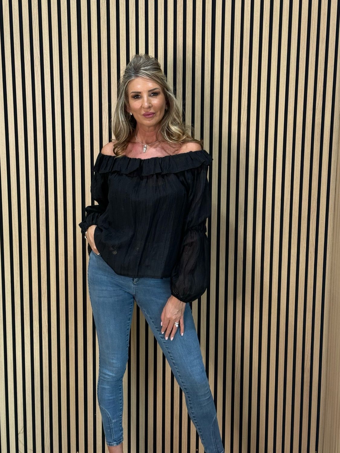 Ruffle Neck Textured Top - Black