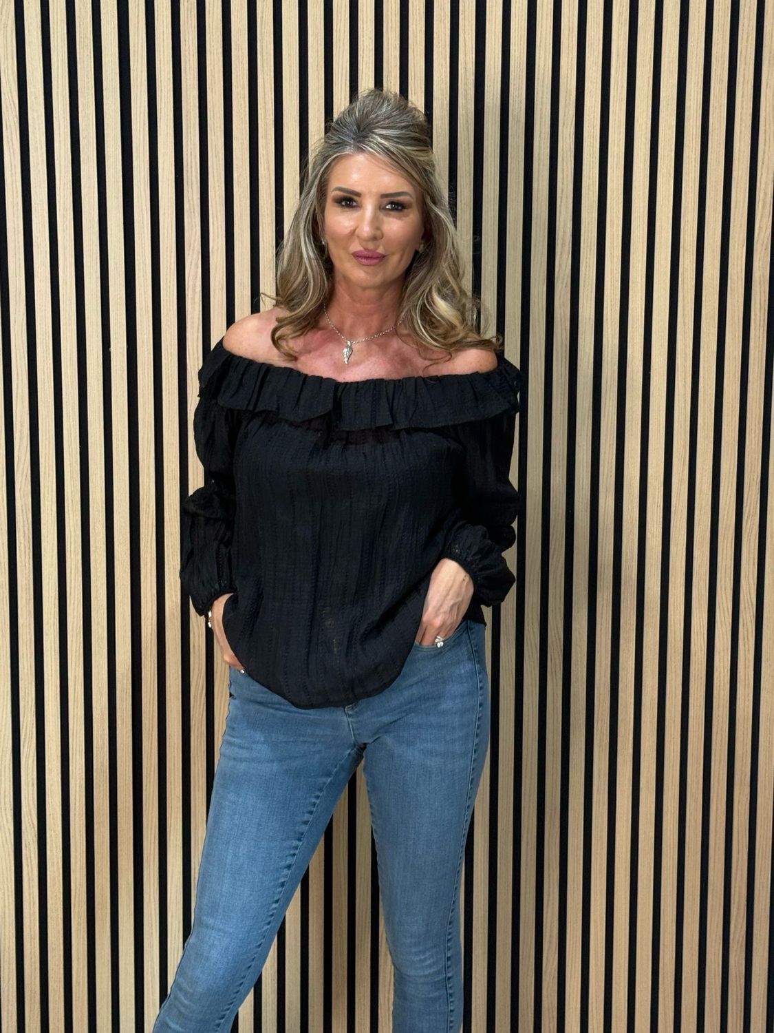 Ruffle Neck Textured Top - Black