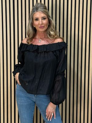 Ruffle Neck Textured Top - Black