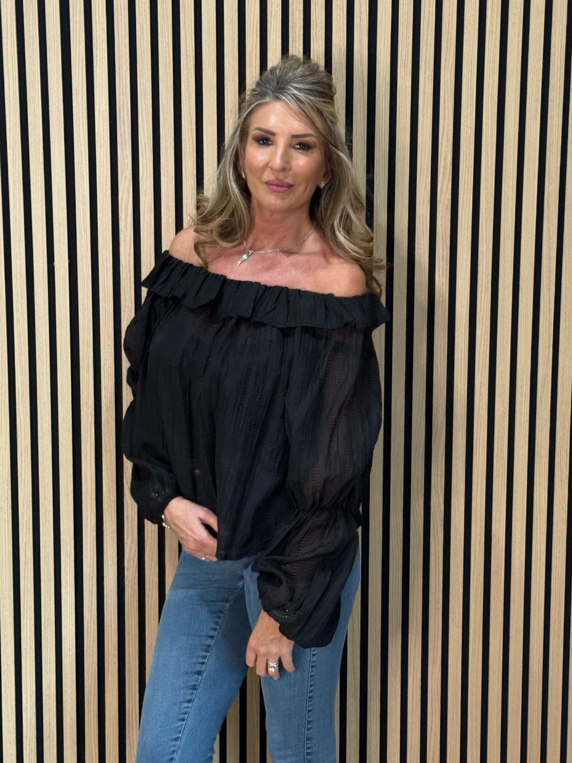 Ruffle Neck Textured Top - Black