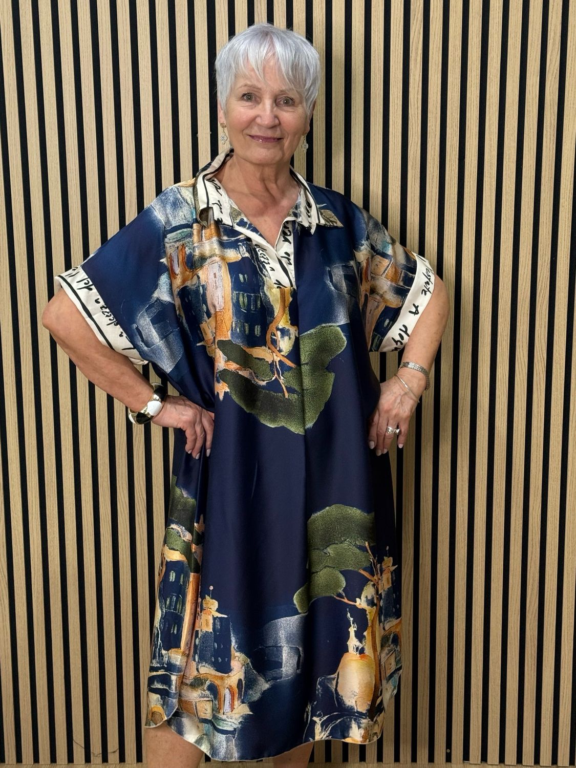 Abstract Print Shirt Dress - Navy