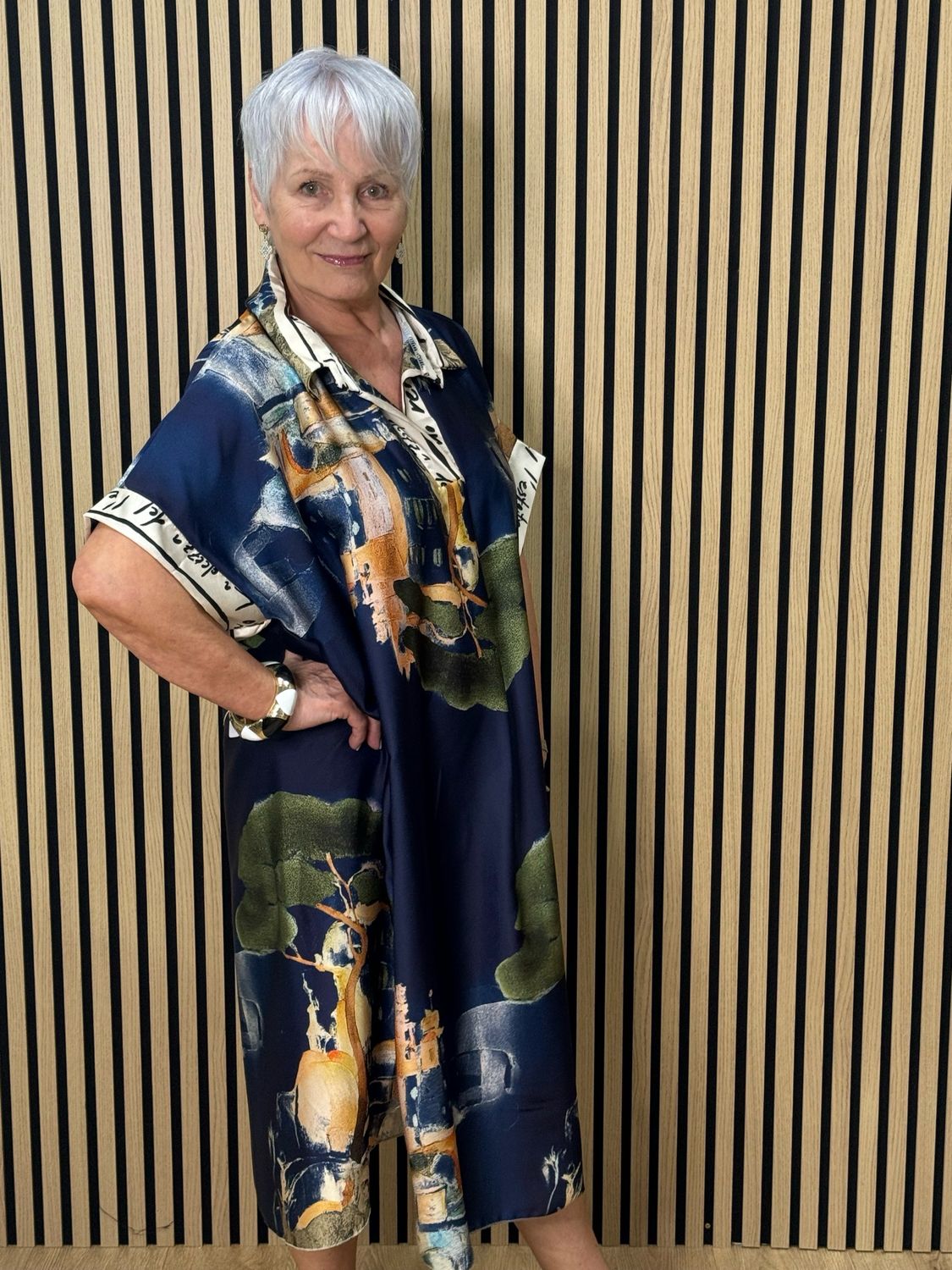 Abstract Print Shirt Dress - Navy