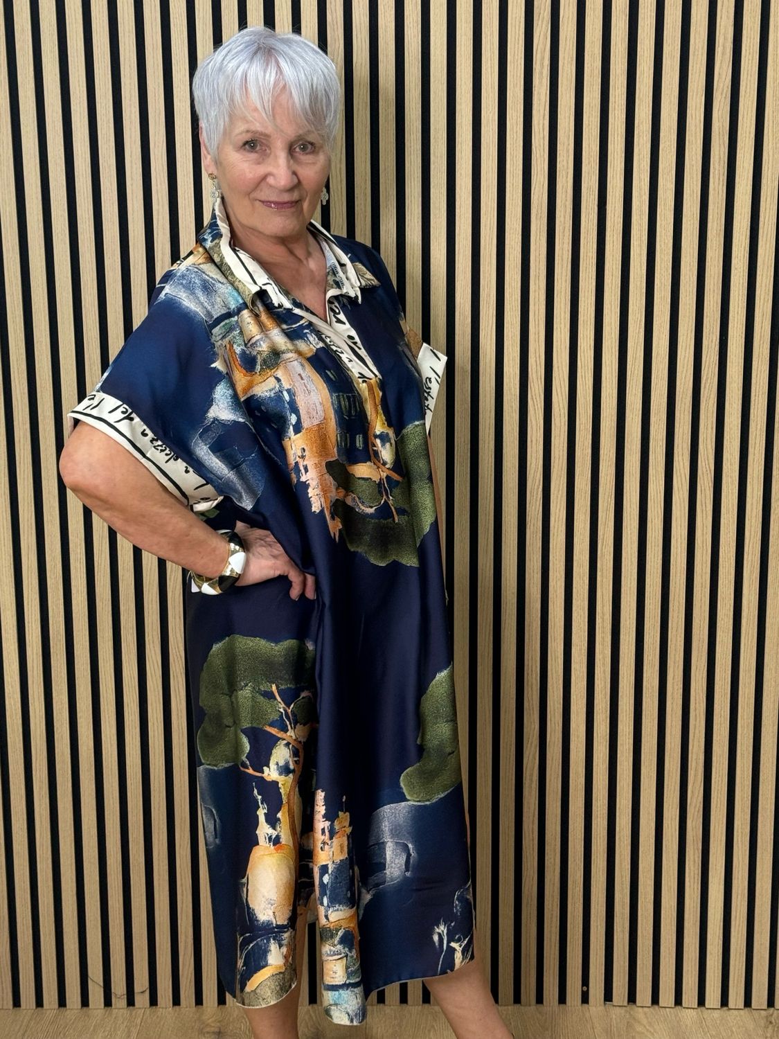 Abstract Print Shirt Dress - Navy