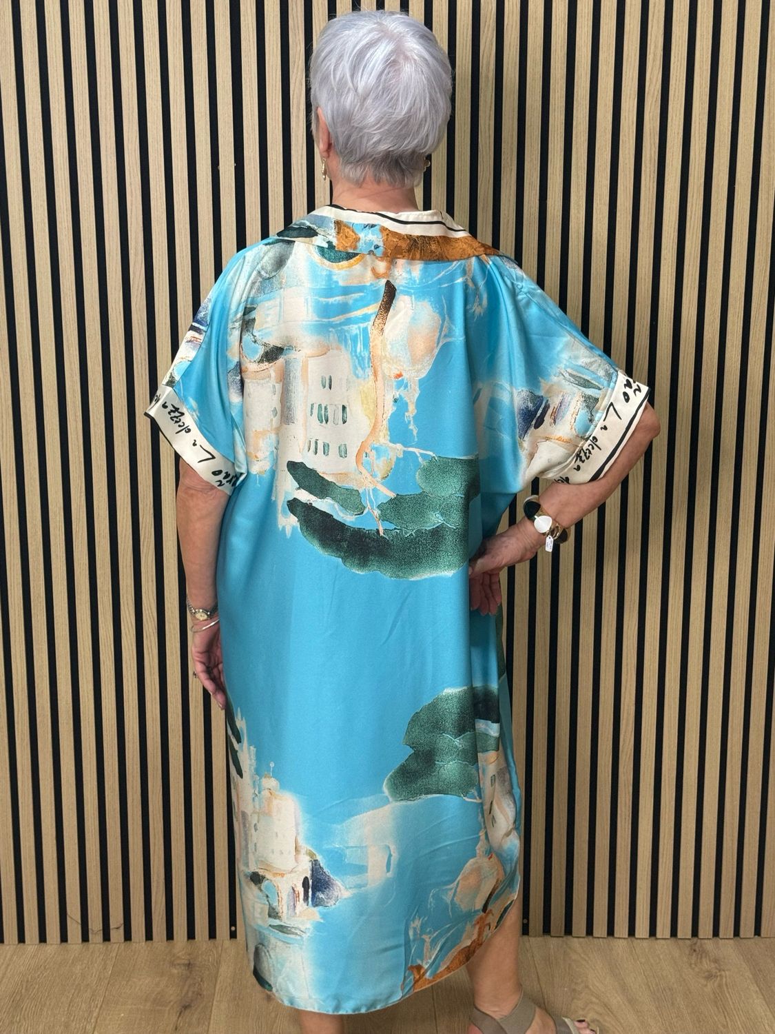 Abstract Print Shirt Dress - Aqua