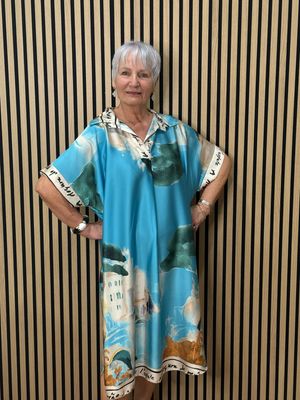 Abstract Print Shirt Dress - Aqua