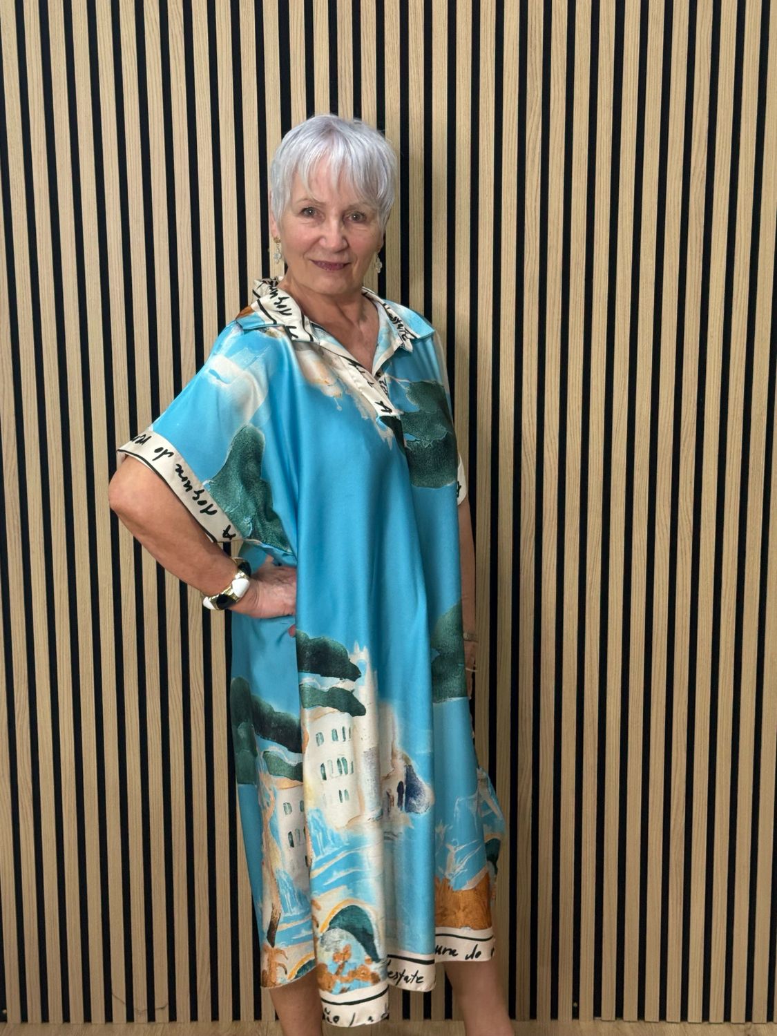 Abstract Print Shirt Dress - Aqua