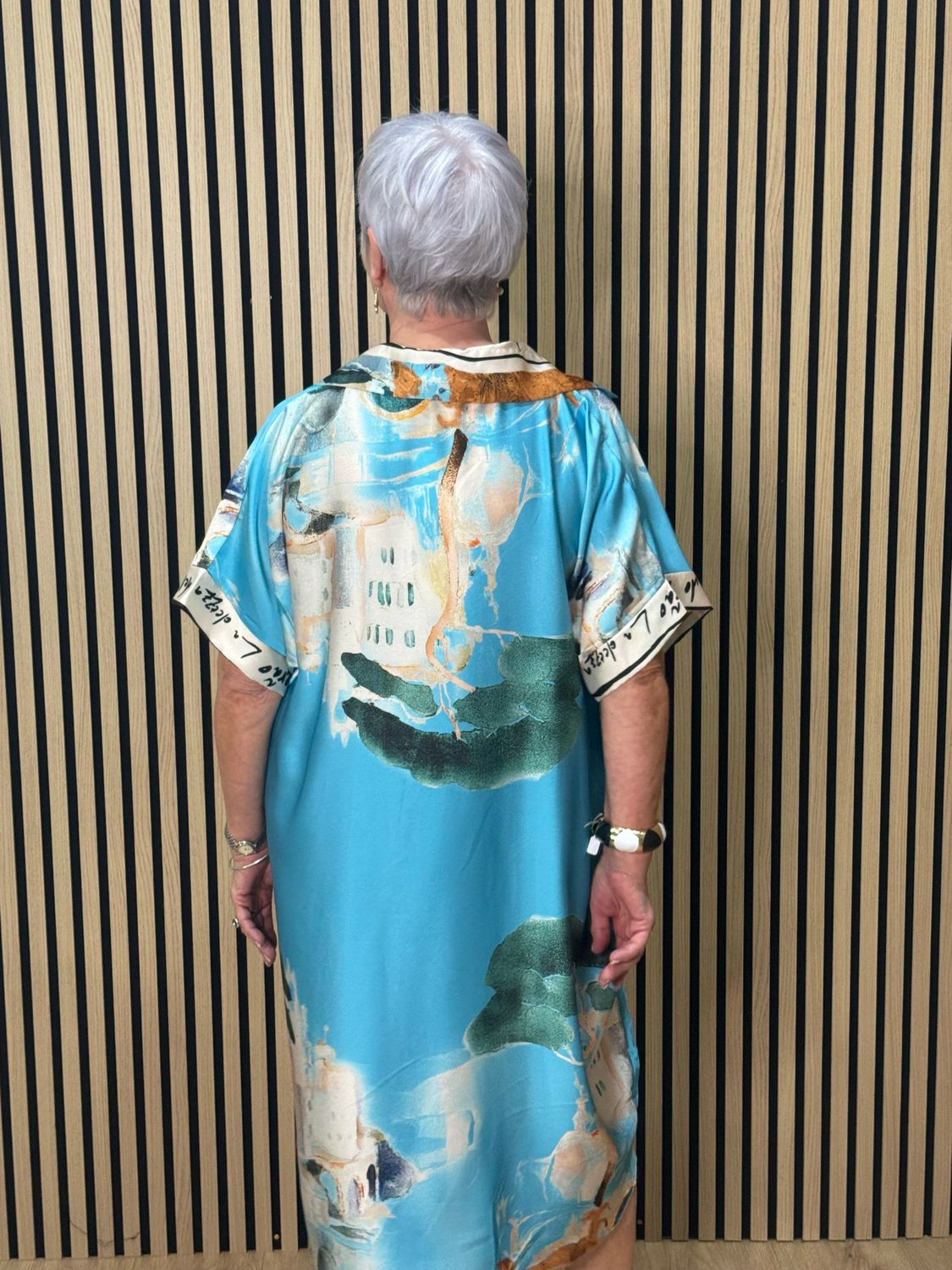 Abstract Print Shirt Dress - Aqua