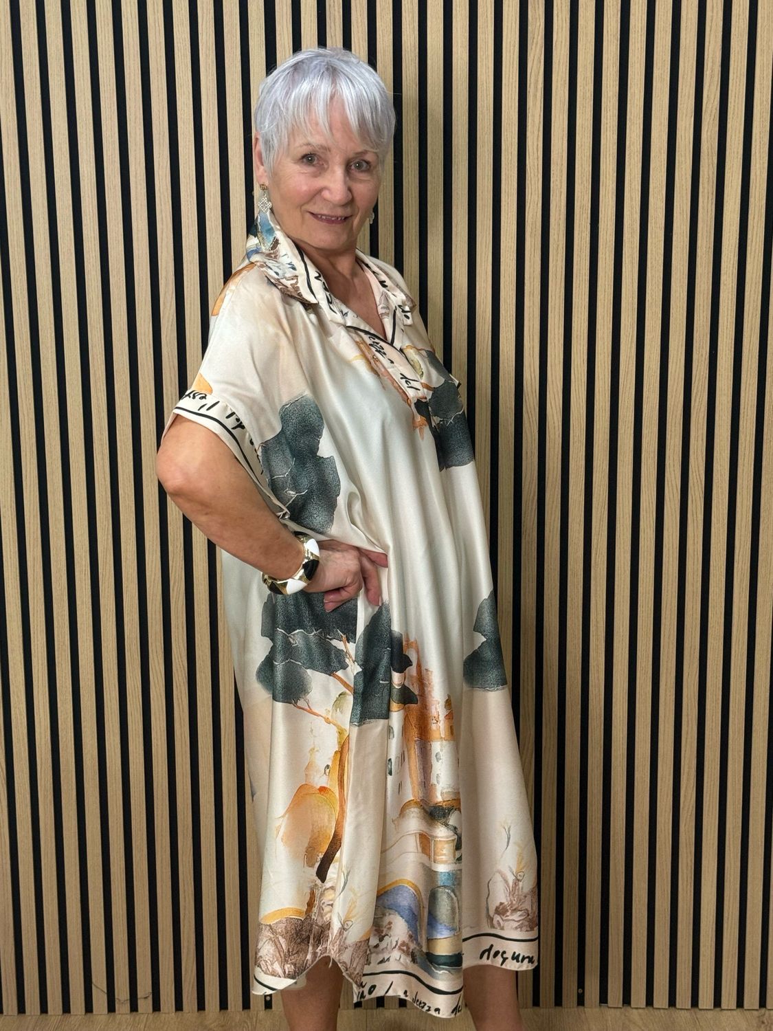 Abstract Print Shirt Dress - Cream