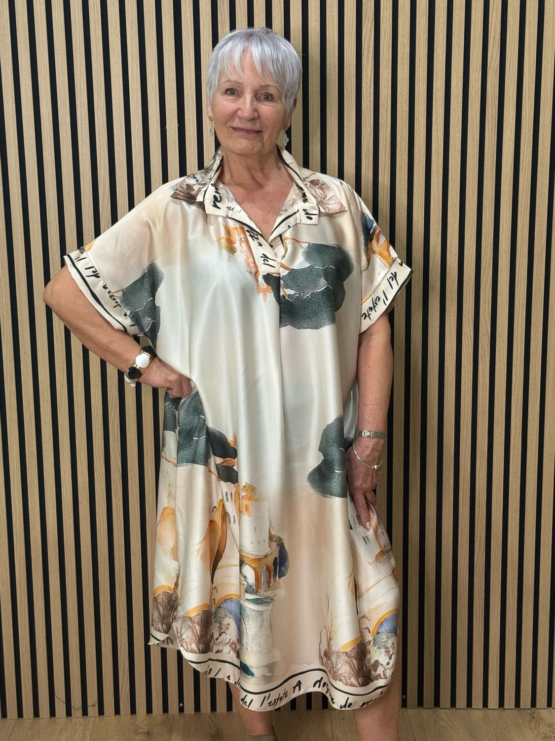 Abstract Print Shirt Dress - Cream