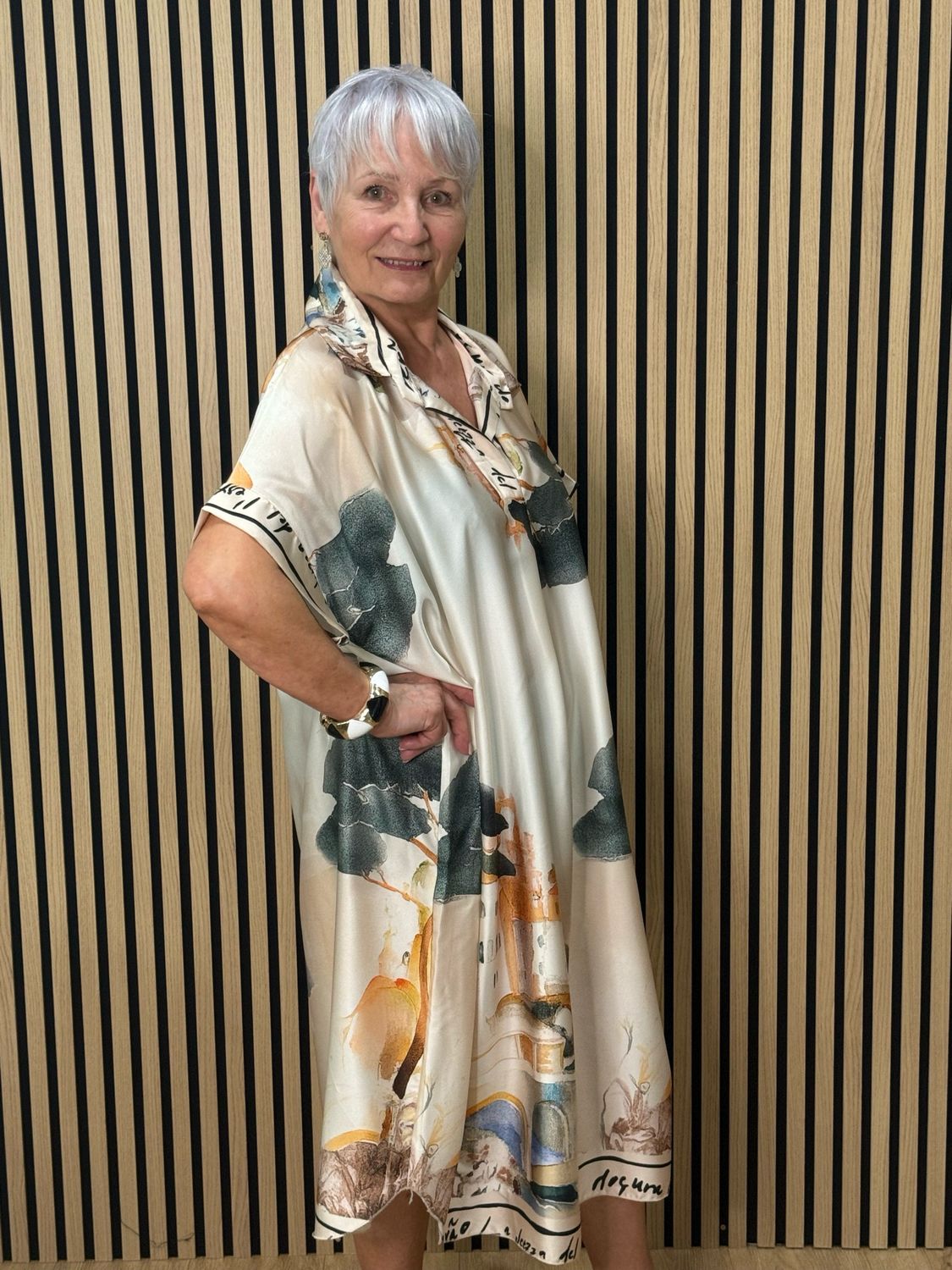 Abstract Print Shirt Dress - Cream