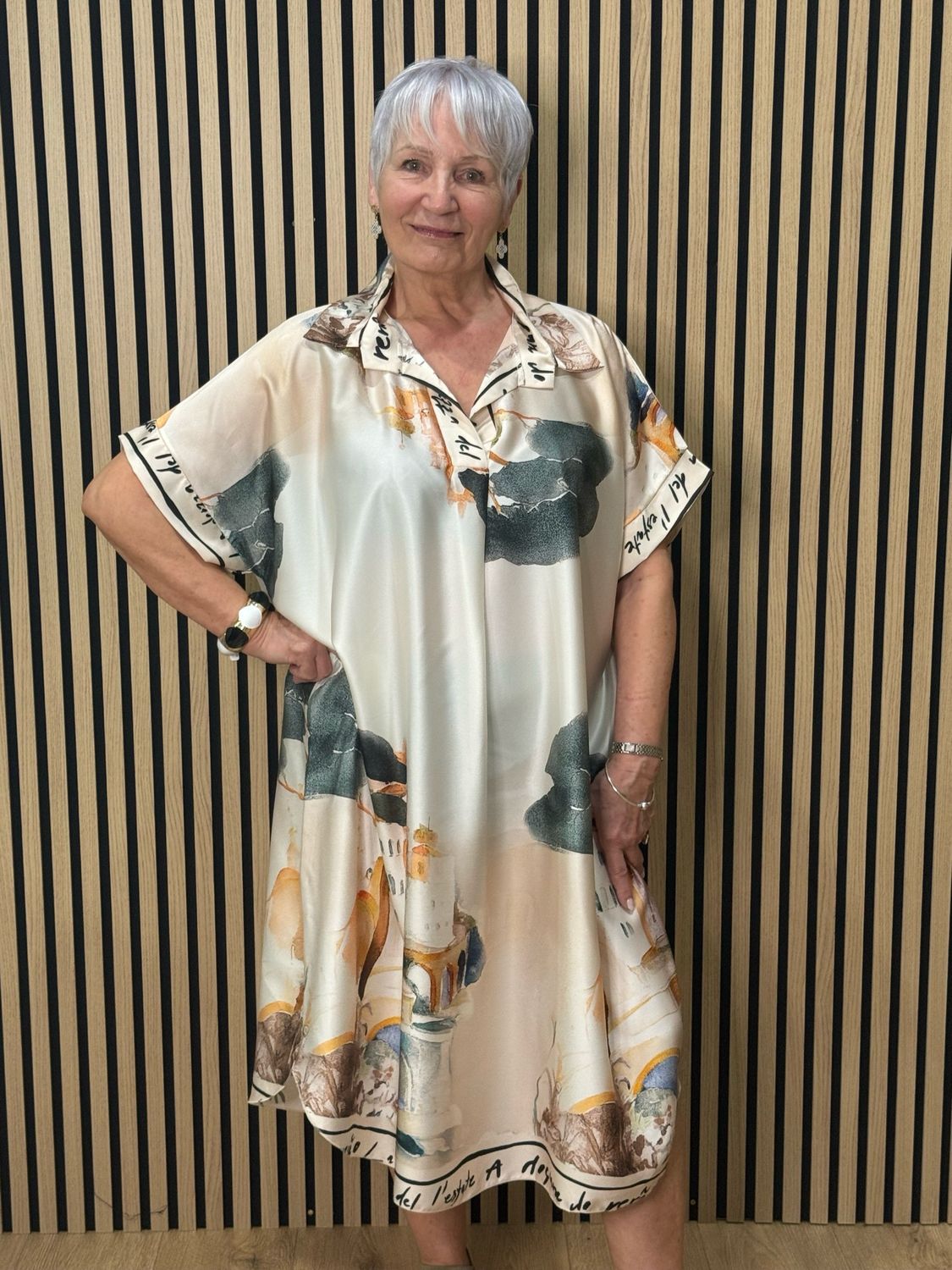 Abstract Print Shirt Dress - Cream