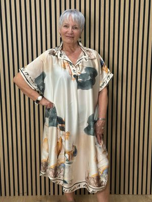 Abstract Print Shirt Dress - Cream