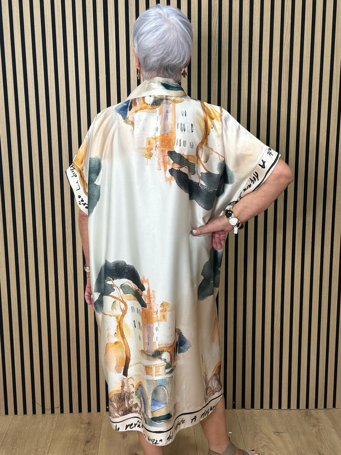 Abstract Print Shirt Dress - Cream