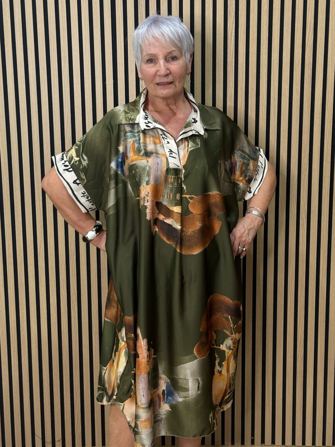 Abstract Print Shirt Dress - Khaki