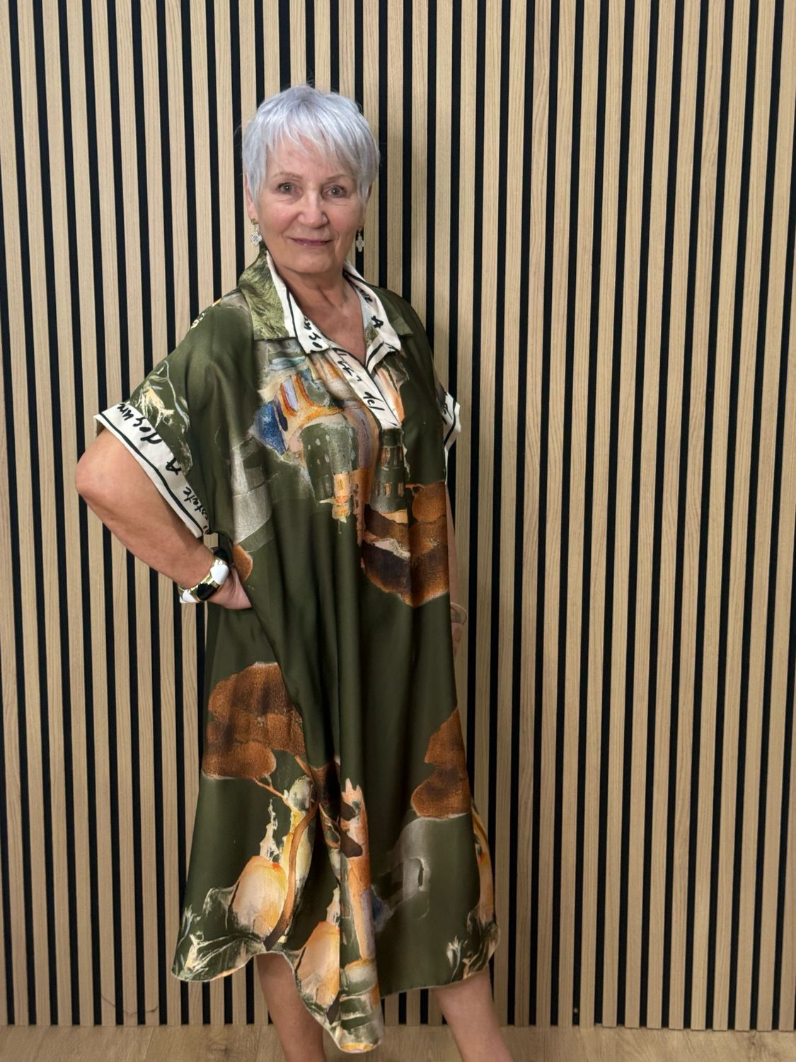 Abstract Print Shirt Dress - Khaki